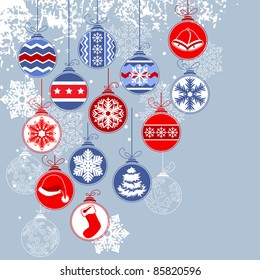 Christmas background with balls and contour snowflakes