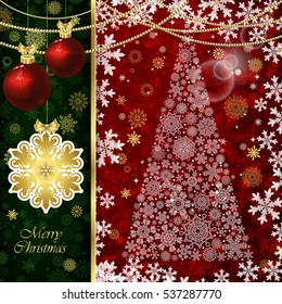 Christmas background with Christmas balls, decor elements and snowflakes.