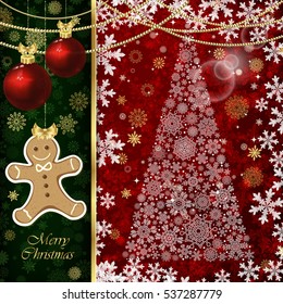 Christmas background with Christmas balls, decor elements and snowflakes.