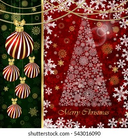 Christmas background with Christmas balls, decor elements and snowflakes.