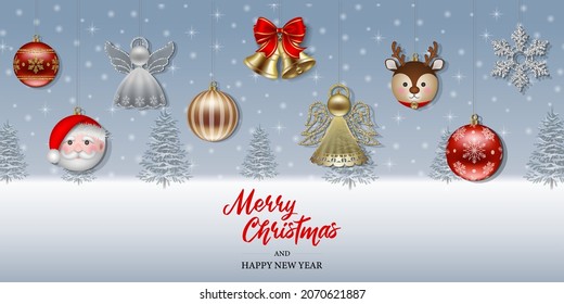 Christmas background with balls and decorations on snowy landscape