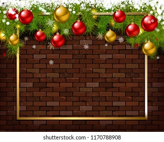 Christmas background. Christmas balls and fir branches on the background of a brick wall. The concept of new year s winter holidays. Vector illustration