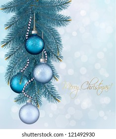 Christmas background with balls and fir branches  Vector illustration