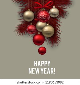 Christmas background with balls and fir twig. Colorful Xmas baubles. Vector