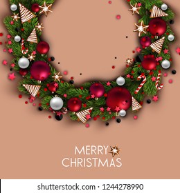 Christmas background with balls and fir twig. Colorful Xmas baubles. Vector