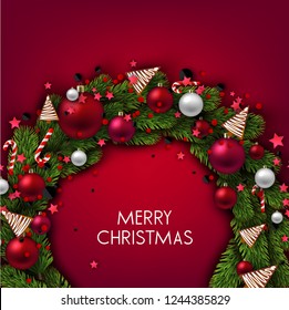 Christmas background with balls and fir twig. Colorful Xmas baubles. Vector