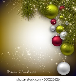 Christmas background with balls and fir twig. Colorful Xmas baubles. Vector