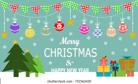 Christmas background with balls, flags, gift boxes, pine trees and snow.