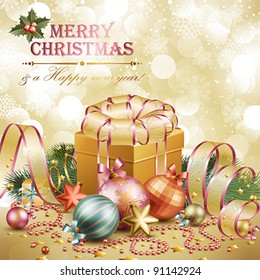 Christmas background with balls and gift box. Vector illustration.