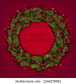 Christmas background with balls, gift boxes and fir twig. Colorful Xmas baubles. Vector