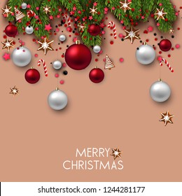 Christmas background with balls, gift boxes and fir twig. Colorful Xmas baubles. Vector