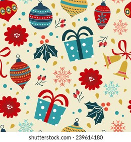 Christmas background with balls, gifts, flowers. Vector illustration