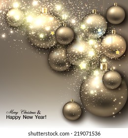 Christmas background with balls. Golden Xmas baubles. Vector