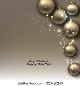 Christmas background with balls. Golden Xmas baubles. Vector