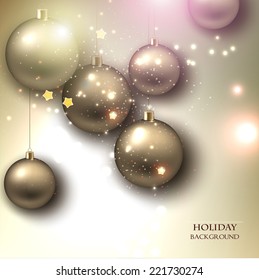 Christmas background with balls. Golden Xmas baubles. Vector