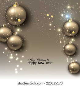 Christmas background with balls. Golden Xmas baubles. Vector
