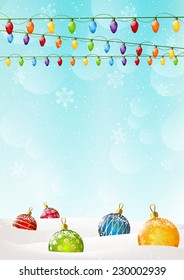 Christmas background with balls and light bulbs