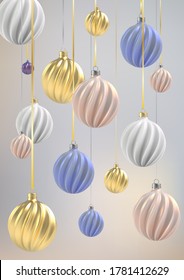 Christmas background with Christmas balls of nacre pink, gold and blue, a spiral balls on a color vertical background. Vector illustration