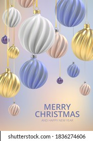 Christmas background with Christmas balls of nacre pink, gold and blue, a spiral balls on a color vertical background. Vector