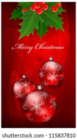 Christmas background with balls on red holly berry branch & text, vector illustration
