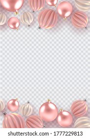 Christmas background with Christmas balls of pearl, a spiral balls on a transparent vertical background. Vector illustration