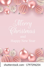 Christmas background with Christmas balls of pearl, a spiral balls on a pink vertical background.  Vector illustration