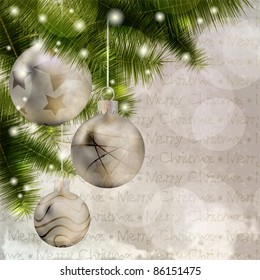 Christmas background with balls, pine and lights