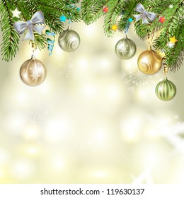 Christmas background with balls and pine tree branch