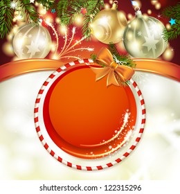 Christmas background with balls and pine tree