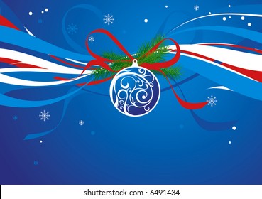 christmas background with balls and red ribbon