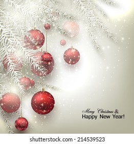 Christmas background with balls. Red Xmas baubles. Vector