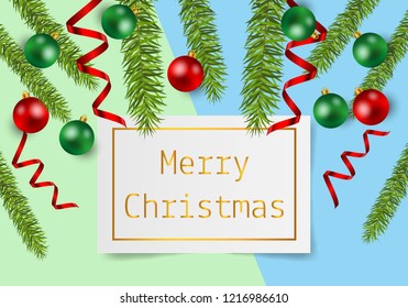 Christmas background with balls and shiny red ribbon on pastel paper. Vector illustration