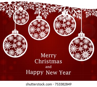 Christmas background with balls and snowflakes. Greeting card or invitation. Merry Christmas and a happy new year. Element for design.