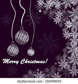 Christmas background with balls and snowflakes over purple background