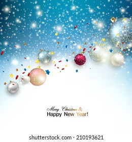 Christmas background with christmas balls and stars garland for xmas design. Vector illustration.