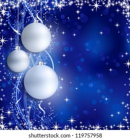 Christmas background with Christmas balls, stars, snow flakes and a wavy line pattern on blue background with blurry light dots for your festive occasions. Copy space.