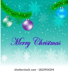 Christmas background with balls, tree branches, snowflakes and falling snow