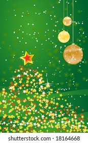 Christmas background with christmas balls, tree, stars and snowflakes