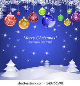Christmas background with balls, trees and sparkles.