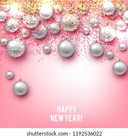 Christmas background with balls. White Xmas baubles. Vector
