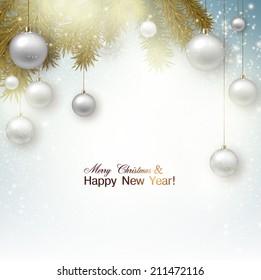 Christmas background with balls. White Xmas baubles. Vector