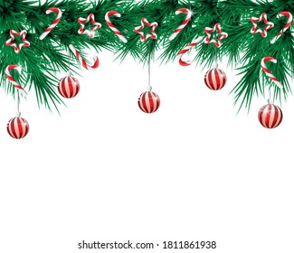 fondo navideño con bolas de navidad, latas de caramelo y ramas de pino