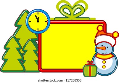 Christmas background banner for congratulations on the new year and Christmas snowman with a gift