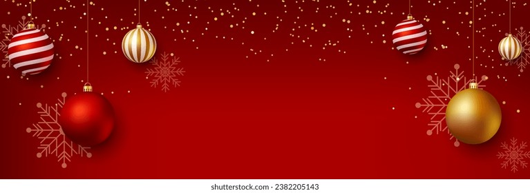 Christmas background. Christmas banner design with christmas balls, stars decoration. Holiday red  background template. Vector illustration