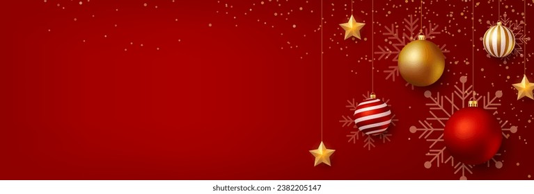 Weihnachtshintergrund. Weihnachtsbannerdesign mit Weihnachtsbällen, Sternendekoration. Feiertagsrote Hintergrundvorlage. Vektorgrafik