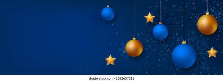 Christmas background. Christmas banner design with christmas decorations. Blue background template with text space. Vector illustration