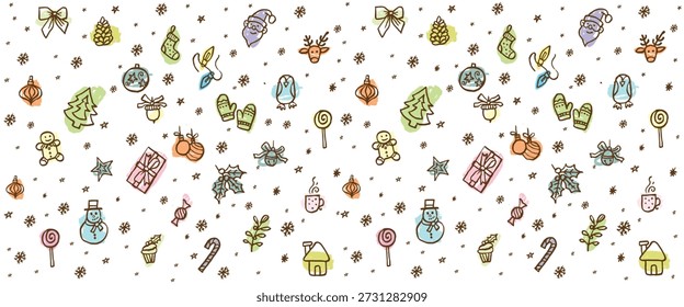 Fondo de Navidades, diseño de Anuncio de Navidades con decoraciones navideñas. Ilustración vectorial. Colores pastel. Diseño de patrón de Navidades.