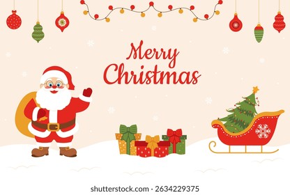 Christmas background. Banner with christmas elements, tree, sleigh and santa claus.