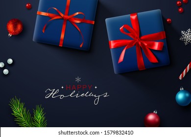 Fondo de Navidad, banner, marco, cabecera, fondo o diseño de tarjeta de saludo con decoración navideña que incluye baubles, caja de regalo, cortaduras de abetos, brillo y confeti. Ilustración vectorial.