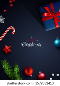 Fondo de Navidad, banner, marco, cabecera, fondo o diseño de tarjeta de saludo con decoración navideña que incluye baubles, caja de regalo, cortaduras de abetos, brillo y confeti. Ilustración vectorial.